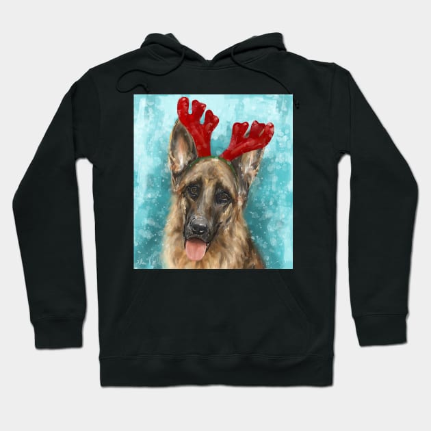 Painting of a German Shepherd With Red Reindeer Antlers Hoodie by ibadishi